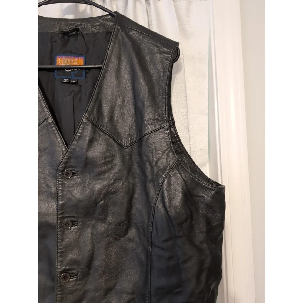 Black Leather Vest Mens Sleeveless‎ Button Up Biker Western Cowboy XXL